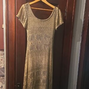 1980's gold knit, fully lined maxi dress .
